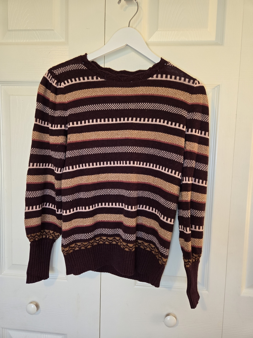 LOFT Burgundy, Tan & Cream Striped Crewneck Sweater